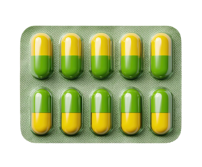 Blister pack of ten, two-toned (yellow and green) capsule pills on light green tray