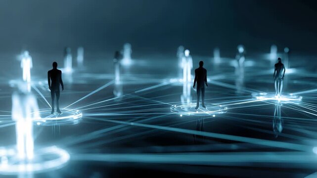 Digital network connection of human figures in futuristic blue light, 4k video