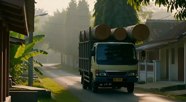 Truck carrying logs on a rural road during daylight