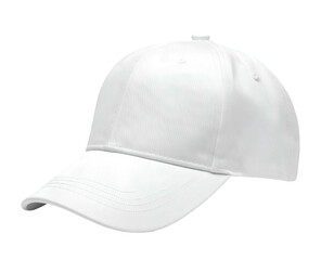 White baseball-style cap with structured crown and curved bill, isolated