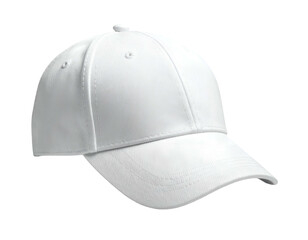 A blank white baseball cap on a transparent background, side view
