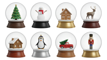 Christmas snow globe set including snowman, tree, reindeer, gingerbread house, penguin, truck, and nutcracker designs isolated. Holiday winter decoration and seasonal souvenir collection.