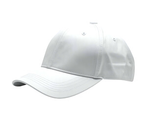 White baseball cap floating against black background, three-quarter view