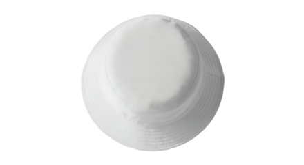Overhead view of a plain white bucket hat against a black backdrop