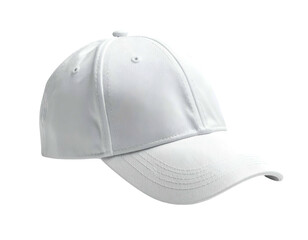 White, curved-brim hat, five panels, centered, isolated on black background