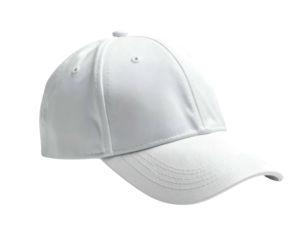 White, curved-brim hat, five panels, centered, isolated on black background