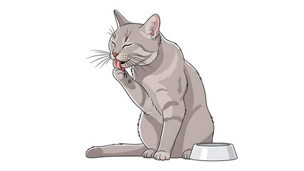 An adorable illustration of a grey tabby cat cleaning its paw with its tongue, sitting next to a food bowl