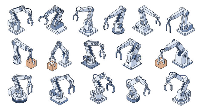 Diverse collection of robotic arm models for industrial automation is shown in an isometric view with detailed mechanical and electronic parts.