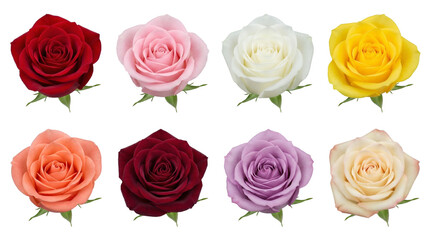 Rose flower head set including red, pink, white, yellow, orange, burgundy, lavender, and cream colors isolated. Floral collection for wedding, garden, and botanical design.
