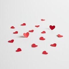 Scattered red hearts on white background for love and romance