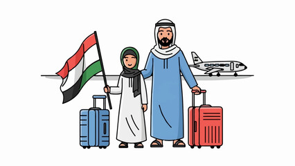 A father and daughter stand with luggage and a flag, ready to board an airplane