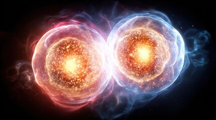 Two glowing orbs, representing atoms or energy, with vibrant colors and swirling gases, showcasing a cosmic or scientific theme.