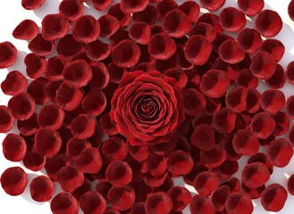 Vibrant red rose surrounded by scattered petals on white background