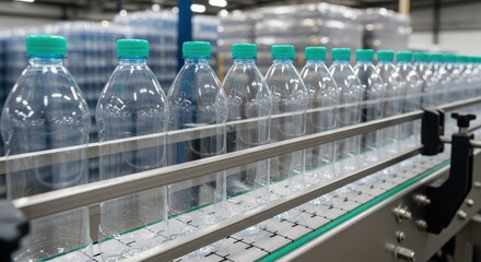 Rows of empty clear plastic water bottles with green caps on a production line in a manufacturing facility