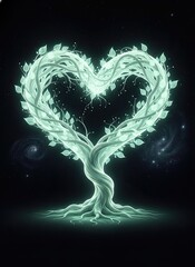 Glowing heart shaped tree with leaves in space