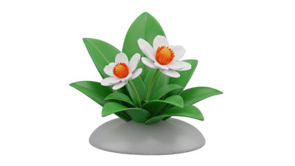 Stylized 3D Render of White Flowers with Orange Centers and Green Leaves