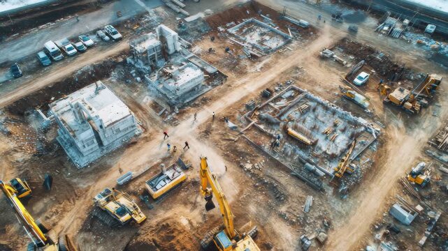 Aerial view of busy construction site with excavators and building foundations, 4k video
