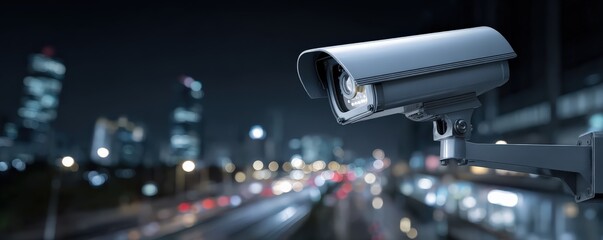 A surveillance camera captures a city scene at night, with blurred lights and a modern urban backdrop, emphasizing security and monitoring.