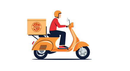 Professional delivery person on a bright orange scooter carries a pizza box, representing efficient and fast food delivery services.
