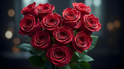 Bouquet of Fresh Red Roses with Dew Drops Romantic Valentine's Day Gift Floral Arrangement Bokeh Background High Resolution Stock Photo Wallpaper Image
