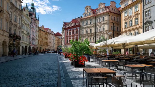 Cobblestone street in prague with historic buildings and outdoor cafe seating under large white umbrellas on a sunny day, 4k video