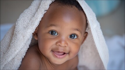 A joyful baby peeks out from under a soft towel, showcasing bright eyes and a warm smile, exuding innocence and happiness.