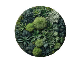 Circular composition of assorted succulent & leafy plants from overhead view