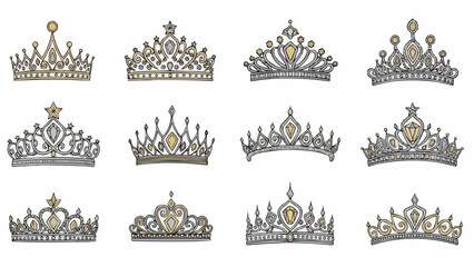 Collection of Twelve Ornate Diamond Tiara Crowns on White Background. © Dua