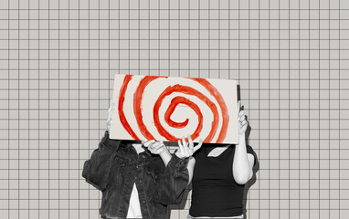 Collage art with a two women holding board with a hypnotic spiral	