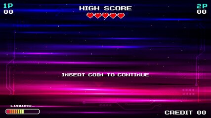 PRESS START. insert coin to continue. pixel art 8 bit. Retro Futurism Sci-Fi Background. glowing neon grid. and stars from vintage arcade computer games - Powered by Adobe