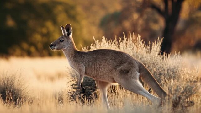 Kangaroo standing in tall, dry grass during golden hour in the australian outback, 4k video