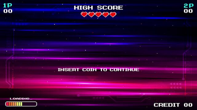 PRESS START. insert coin to continue. pixel art 8 bit. Retro Futurism Sci-Fi Background. glowing neon grid. and stars from vintage arcade computer games