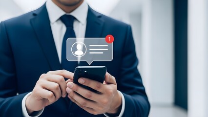 Close-up of a suited man holding a smartphone with a speech bubble icon and notification symbol floating above the screen in a blurred office background.