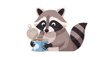 Adorable illustration of a raccoon opening a can of food, perfect for animal-themed designs and educational content
