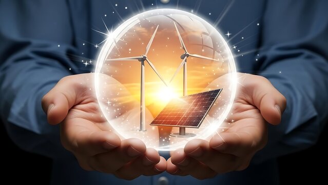 Hands holding a glowing sphere with wind turbines and solar panels inside