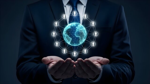 A suited businessman presenting a glowing blue globe with interconnected nodes in his cupped hands against a dark background. - Powered by Adobe