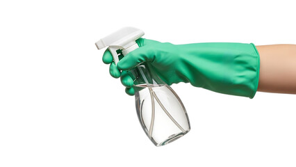 Hand in green glove spraying liquid from a bottle isolated on a transparent background