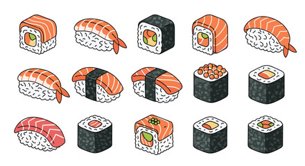 Large assortment of various sushi types including different rolls and nigiri displayed together in a colorful food-themed set.