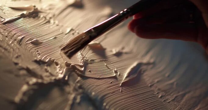 B-roll video of a paintbrush applying thick texture to a canvas in a creative studio