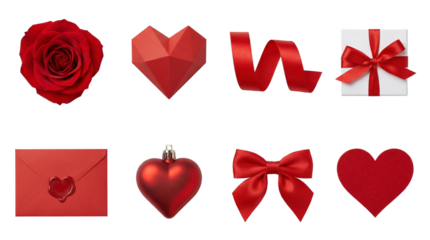 Red valentine and romance set including rose, heart, ribbon, gift, envelope, and bow isolated. Decorative love and anniversary collection.