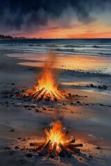 A beach bonfire at dusk