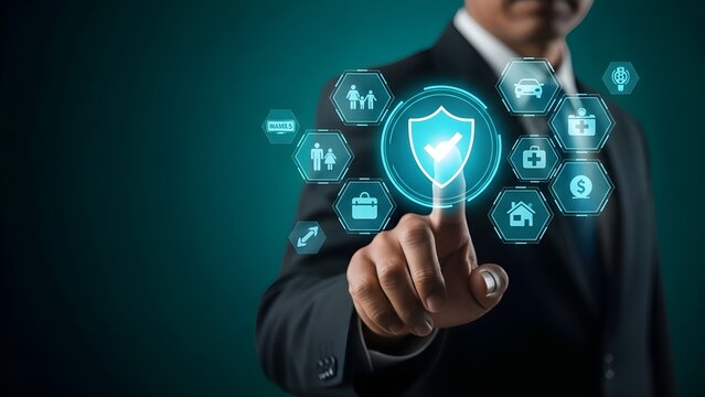 Close-up of a businessman in a suit interacting with a digital shield icon and various security symbols on a dark teal background with a shallow depth of field. - Powered by Adobe