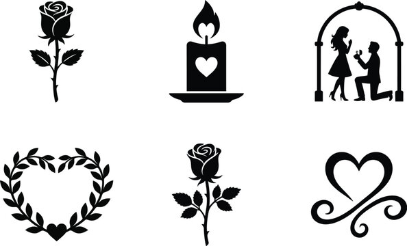 Elegant Black Silhouette Vector Icons Representing Romantic Love and Wedding Events