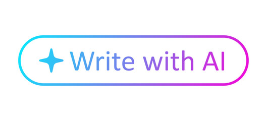 Write with AI button. AI creative stamp. Artificial intelligence symbol. Gradient blue purple digital AI robot sign. Magic star smart assistant. Vector illustration isolated on white background.