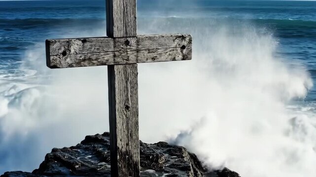 Ocean Cross Faiths Strength Amidst Crashing Waves with Coastal Serenity.