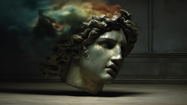 A bronze head floats above a wooden floor, with a colorful smoke cloud billowing from the top