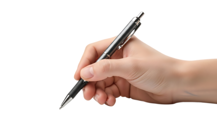 Hand holding a metallic pen isolated on a transparent background