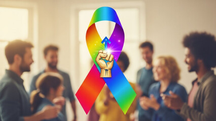 A rainbow awareness ribbon with a fist and lightbulb surrounded by a diverse group of people in a supportive community setting.