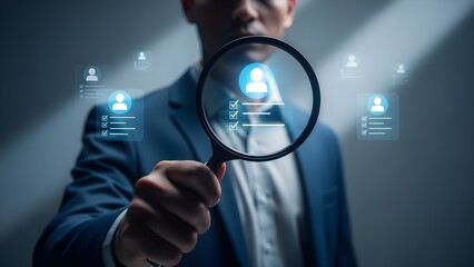 Close-up of a businessman in a suit holding a magnifying glass with digital icons and profiles floating around him in a dark room with a cinematic lighting effect.