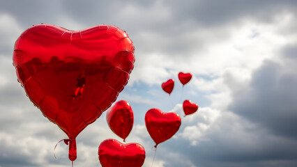 Red Heart-Shaped Foil Balloons Floating in Cloudy Sky Romantic Valentine's Day Celebration Love Symbol Party Decoration High Resolution Stock Photo Wallpaper Background